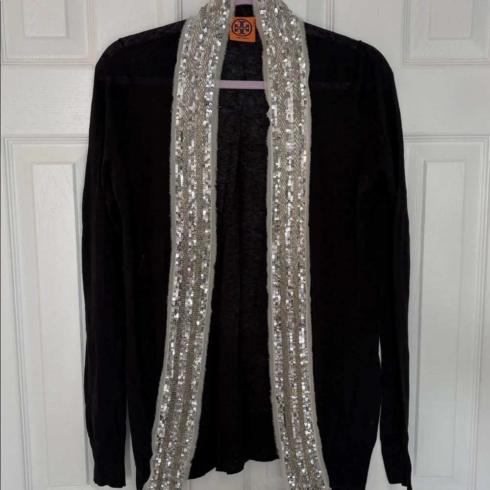 TORY BURCH QUINCY BLACK OPEN FRONT VINTAGE SWEATER CARDIGAN SILVER SEQUINS SZ S